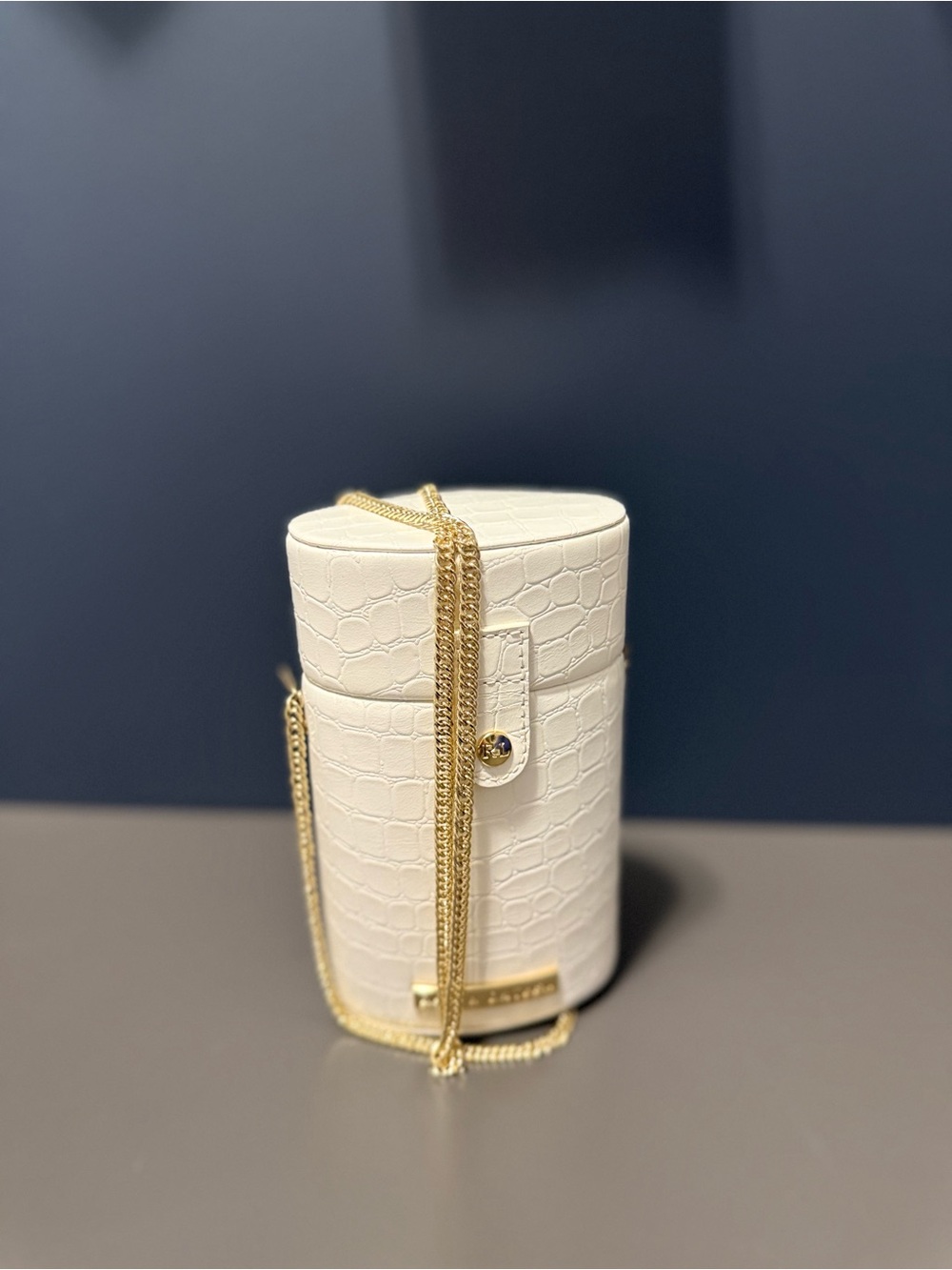 Ralph Lauren White Croc-Embossed Cylinder Crossbody with Gold Chain